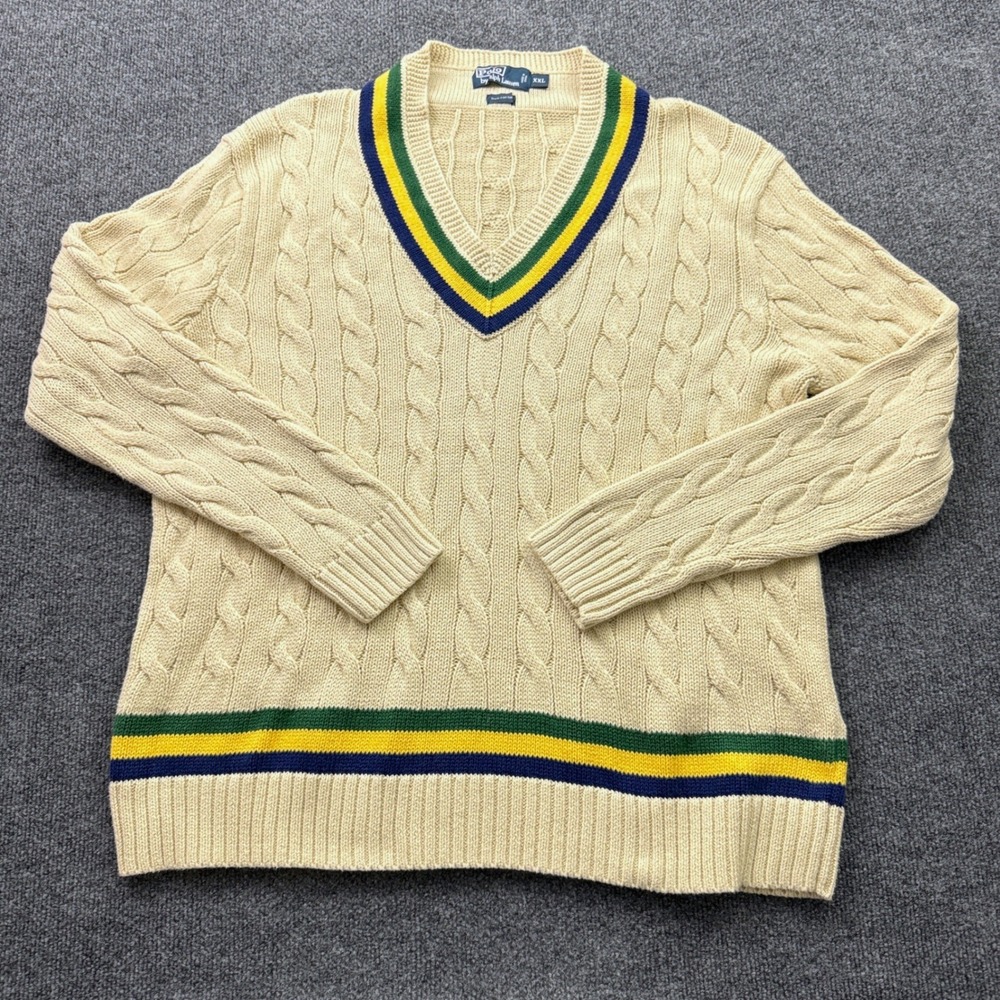 Polo Ralph Lauren Cable Knit Sweater Mens XXL Cream Striped V-Neck Cricket Vtg